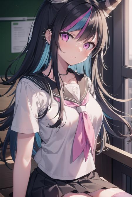 ibukimioda, <lyco:ibukimioda-lyco-nochekaiser:1>,
ibuki mioda, black hair, blue hair, hair horns, ear piercing, lip piercing, long hair, multicolored hair, (pink eyes:1.5), pink hair, white hair,
BREAK asymmetrical legwear, black skirt, blue thighhighs, jewelry, mismatched legwear, neckerchief, necklace, piercing, pleated skirt, ring, school uniform, serafuku, shirt, skirt, thighhighs, torn clothes, torn thighhighs, zettai ryouiki,
BREAK looking at viewer,
BREAK indoors, classroom,
BREAK <lyco:GoodHands-beta2:1>, (masterpiece:1.2), best quality, high resolution, unity 8k wallpaper, (illustration:0.8), (beautiful detailed eyes:1.6), extremely detailed face, perfect lighting, extremely detailed CG, (perfect hands, perfect anatomy),