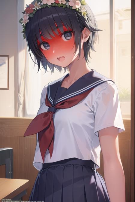 uiharukazari, <lora:uiharukazari-lora-nochekaiser:1>,
uiharu kazari, (black eyes:1.5), black hair, flower, hair flower, hair ornament, head wreath, short hair, bangs, blunt bangs, <lora:talkmouth_A_v100:1>, open mouth, <lora:yudedako_noline_fullface_v100:1>, embarrassed,
BREAK armband, sakugawa school uniform, school uniform, serafuku, skirt, summer uniform, neckerchief, red neckerchief, blue sailor collar, blue skort, short sleeves,
BREAK looking at viewer, upper body, fully body,
BREAK indoors, classroom,
BREAK <lyco:GoodHands-beta2:1>, (masterpiece:1.2), best quality, high resolution, unity 8k wallpaper, (illustration:0.8), (beautiful detailed eyes:1.6), extremely detailed face, perfect lighting, extremely detailed CG, (perfect hands, perfect anatomy),