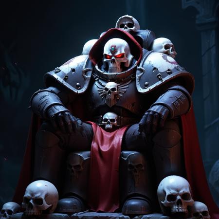 high quality, dynamic lighting, at night,hooded space marine, with skulls and red cape, sitting down on throne, white helmet, red glowing eyes, disney style, animated style, <lora:space_marine-000009:0.5>