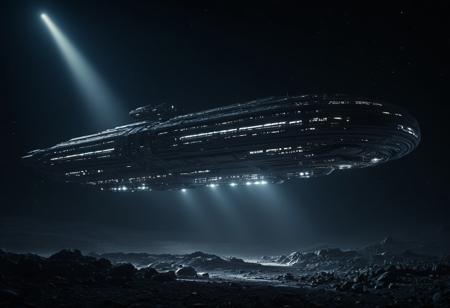 A huge spaceship, oblong shape, tapered at front, flat sides, smooth exterior surfaces, white lights, sleek, imposing, menacing, levitating, rocky desolate background, alien planet, view from below, ultra realistic, hyper detailed, sci-fy, cinematic lighting, highlights, suspenseful atmosphere, gritty atmosphere, RAW, (realistic photo, best quality, detailed), (8k wallpaper), (cinematic lighting, dramatic lighting), (sharp focus, intricate), Movie Still, Film Still, Cinematic, Cinematic Shot, Cinematic Lighting