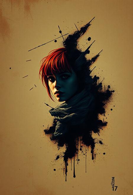 dark, eerie, futuristic, rust, erosion, [ centered composition, a paint smudge on a simple background : (poster composition, fine lineart, graphic novel style) of an enigmatic redhead woman : 5], abstract geometric gradients. (science fiction:1.4).  iridescent colors, stunning background, warm bright sunlight, a mesmerizing blend of light and shadow. masterpiece, absurdres, intricate details, film grain, dynamic range, vintage film poster, epic detail