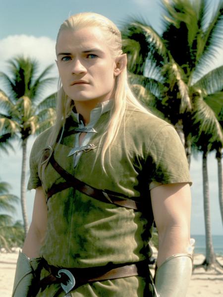 legolas, (posing at the beach:1.2), palm trees the background, (wearing a t-shirt:1.2), sharp, amazing, bokeh, canon dslr, movie still <lyco:legolas_v1.0:1>