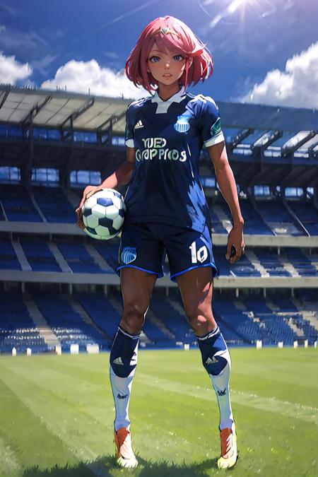 (extremely detailed CG unity 8k wallpaper), (best quality), (ultra-detailed), (best illustration), 1girl, detailed soccer stadium, outdoors, beautiful sunlight, soccer uniform, shorts, socks, soccer,  green field, smiling, <lora:mythra_pyra_pneuma-000050:0.6>, pyra \(xenoblade\), <lyco:emelec-10:1>, emelec, blue uniform