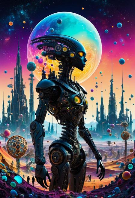 panorama of a city ​​silhouette with humanoid intricate mechanical parts and gears,, set against a surreal cosmic landscape with a large alien surface floating in space, psychedelic featuring a colorful swirling patterns, bubbles, and abstract shapes