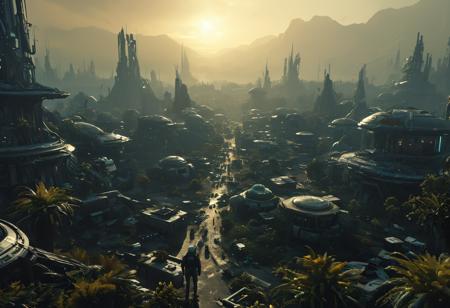 A scenic view of a dystopian heavily polluted sci-fi city in the alien landscape of a distant planet, taken from a great height. Inhabitants scurry from place to place distance, wearing environment suits and ragged cloaks, while firty holographic projections and filthy neon lights illuminate the city. Unhealthy alien plants and trees struggle to grow, with sick coloration, while bizarre winged creatures circle in the sky, (trending:0.89) (epic:1.2, (high image quality:1.08), (RAW:0.75),high definition,amazing quality, absurdres