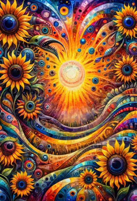ral-colorswirl, a magnificent sunset made of millions of sunflowers on a strange and mysterious alien palette. It's very textured and detailed with dreaming lot of whirlwind multicolored and dreaming dust