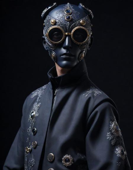 a fashion photoshoot of a samuraj robot man wearing a weird futuristic mask, hyper maximalist, intricate small miniscule detailed details, eyes hidden behind weird mask googles that are glasses made of black diamond with glass decorated in ornate korean street fashion fused with indigenous clothes, androgynous, maximalist hiphop, puffy wrinkly though fabric jacket, inflated, detailed buttons and strings and zippers all over, many intricate folds as details in the clothes and fabrics, studio, japanese clothes, dark navy grey backdrop with spotlight and gobos, dark focusing vignette, grain, shiny, psytrance, clothing, fstop of 8, hyper - real, swiss design, old charismatic mechanic, pulsating, future fashion shoot