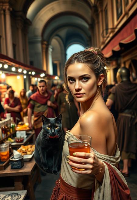 Setting is a 1st century Roman Empire market in Rome at night, the market is comprised of street vendors selling robot parts, food, weapons, and animals. Everyone and everything in the image is appropriate for a scene from Ancient Rome, People wearing Roman clothing are walking through the street market shopping and eating, A sleek black cat with red collar sits on a cluttered wooden table at a kiosk selling beverages and food, Behind the table is a merchant selling beverages and food, (((a beautiful woman, 24 years old is standing in the foreground, the woman  facing the viewer with a cup of alcohol beverage in her hand. Her eyes are beautiful and focused on the viewer, she has an expression of interested curiosity))), the sleek black cat with red collar is sitting on the table and watching the beautiful woman, Roman Soldiers are walking behind the beautiful woman, one of the solders turns to look at the beautiful woman with the cat, many people are walking by in the busy street market, the woman is dressed in high fashion Roman Empire clothing with an alluringly sexual, but traditional roman aesthetic. The woman's hair is elegantly tied up with a ribbon. Artistic ancient Roman aesthetic, dynamic perspective, (((overall architectural aesthetic is Ancient Rome in 1st Century Roman Empire era))).  Epic image that elicits a feeling of wonder and awe, part of the interior is visible,