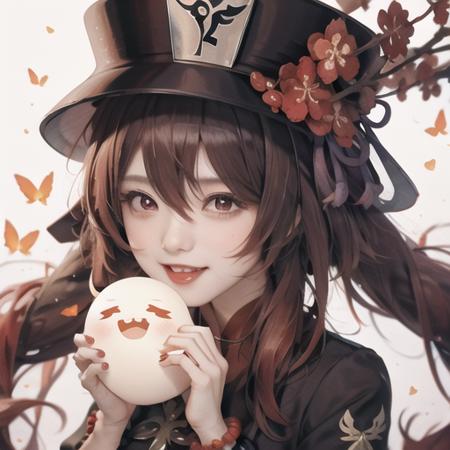 hu tao \(genshin impact\), boo tao \(genshin impact\), 1girl, jewelry, smile, hat, solo, bead bracelet, flower, red eyes, ghost, looking at viewer, brown hair, long sleeves, symbol-shaped pupils, long hair, ring, beads, open mouth, butterfly, bug, twintails, multicolored hair, black headwear, white background, blush, hat flower, :d, red flower, bracelet, upper body, flower-shaped pupils, red hair, grin, red shirt, shirt, bangs, gradient hair, plum blossoms, chinese clothes, hair between eyes, hand up, tasselsolo,   <lora:hutao-ani1.5v1-000002:1>