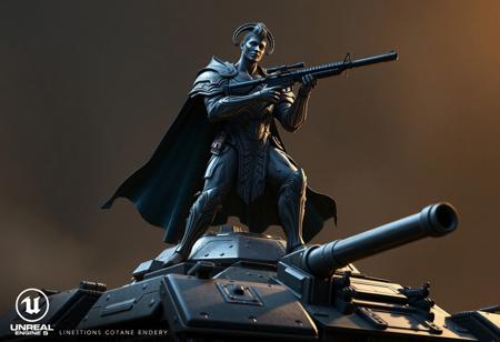 Gaia the Fierce Knight, a vigilant warrior in intricate blue-green armor, wielding a black rifle, stands commandingly atop a colossal tank. Poised for action, one hand on weapon, other at hip. High-contrast dramatic lighting. Cinematic. Trending on Artstation, Unreal Engine 5, Octane Render, sharp focus, detailed, dynamic pose, golden ratio.