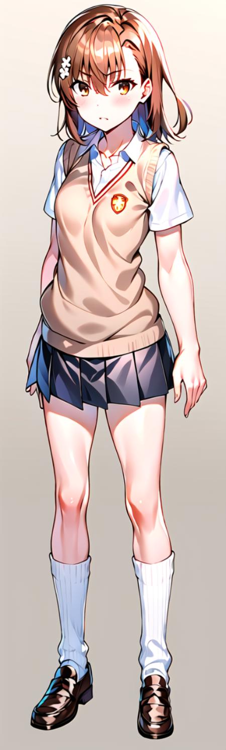 new_misaka_mikoto,1girl,solo,misaka mikoto,brown hair,brown eyes,white flower hair ornament,short hair, small breasts, bangs,hair between eyes,collarbone,tokiwadai school uniform,pleated skirt,white v-neck collared dress shirt, short sleeves, grey miniskirt, brown sweater vest,white short shorts under skirt,brown loafers,white loose socks, standing, <lora:neu_misaka:1>, white background, full body, simple background,