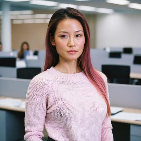 professional portrait photograph of lucyliu woman, <lora:lucyliu_xl_lora_32:1.0> with (long pink hair), (wearing a sweater:1.2), (in an expansive office with many cubicles:1.2), summer <lora:DetailedEyes_V3:0.8> (pores:0.5) (freckles:0.2) (bokeh:0.2)