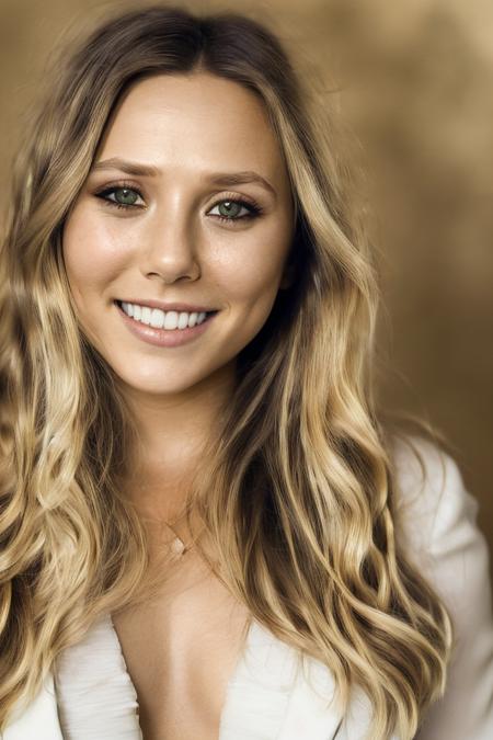 waist up portrait photo, (elizolsen), 1girl, solo, long hair, breasts, looking at viewer, smile, closed mouth, blonde hair, white dress, upper body, teeth, lips, amber-green eyes, realistic, natural lighting, subsurface scattering, f2, 35mm, (film grain:1.1),     <lyco:ElizabethOlsenDogu:1.15>