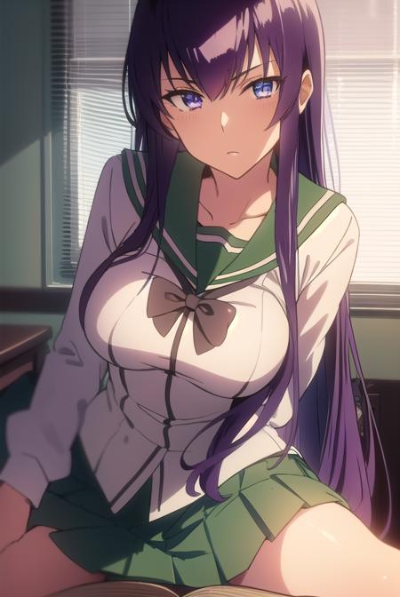 saekobusujima, <lora:saekobusujimatest:1>,
saeko busujima, long hair, purple hair, (purple eyes:1.1), hair between eyes,
BREAK skirt, long sleeves, bow, school uniform, serafuku, green skirt,
BREAK looking at viewer,
BREAK indoors, classroom,
BREAK <lora:GoodHands-vanilla:1>, (masterpiece:1.2), best quality, high resolution, unity 8k wallpaper, (illustration:0.8), (beautiful detailed eyes:1.6), extremely detailed face, perfect lighting, extremely detailed CG, (perfect hands, perfect anatomy),