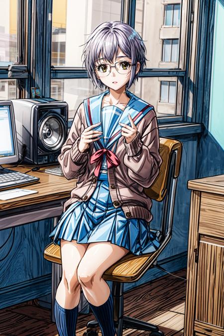 (masterpiece),(best quality),  <lora:AlternateYukiNagato:0.8>,  Yuki, blue skirt, cardigan, glasses, kneehighs, serafuku, winter uniform, old office, desk, old chair, old computer, old monitor, window, sunlight, <lora:Adddetail:0.8>  <lora:Adddetail:0.7>