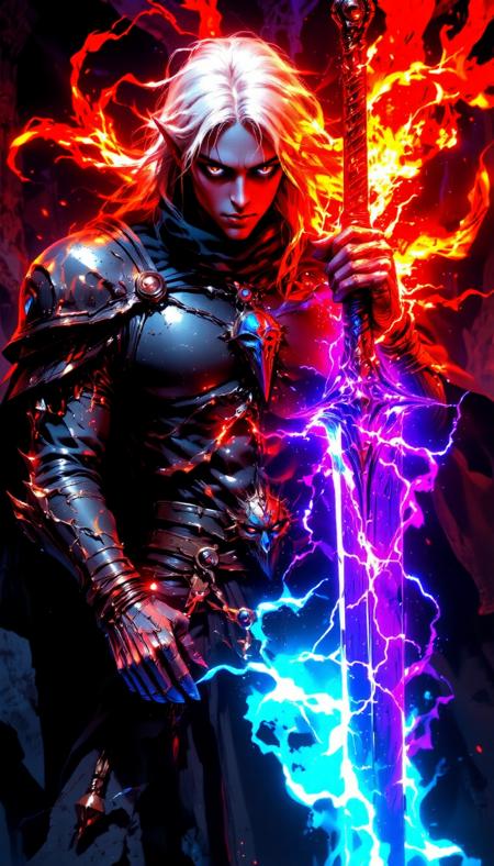 solo, score_9, score_8_up, score_7_up, score_6_up, hd, stunning scenario, realistic, wide angle, full body shot. A wide shot of a (male) drow elf with black eyes, square jaw, masculine traits, no beard, blue gray skin, and a long flowing silver hair. He wears a light dark with red details armor and golden greaves. He have glowing magic around him. The contrast between darkness and the neon blue and purple sets the scene.
On one hand he holds a magic sword with electric energy and the other hand is full in red flames, with magic fire. The light effects from the spell reflect off his armor and the surrounding ruins, intensifying the arcane spectacle.  embedding:badhandv4.pt   embedding:easynegative.safetensors  bailing_lightning, bailing_fire, mythp0rt, ArsMJStyle, DGC style, DNdGr41nyB0yz style