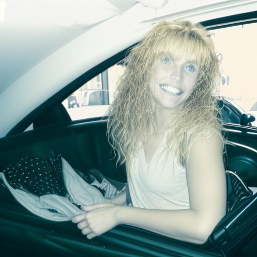 car interior, grin, smile, bag, car, long hair, freckles, blonde hair, messy hair, motor vehicle, holding, sitting, teeth, sink