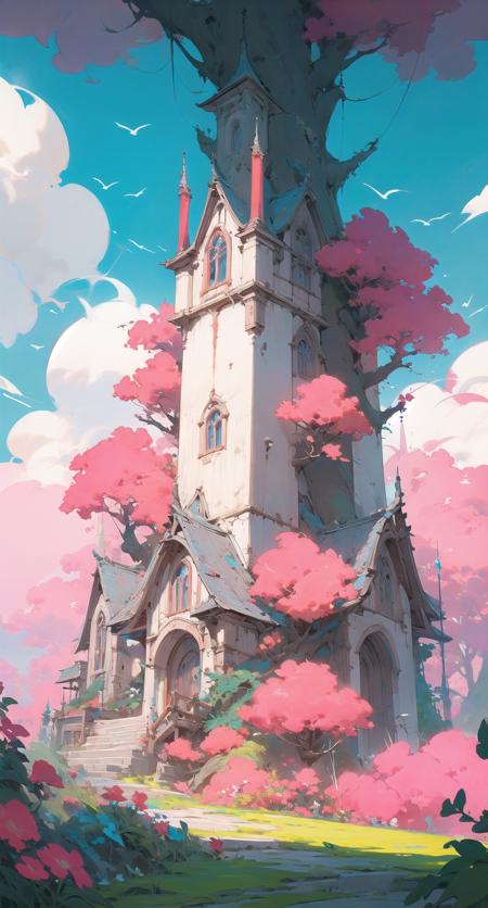 fantahouse, sky, bird, scenery, outdoors, red sky, no humans, day, cloud, tree,red tower, building, flower
 <lora:fantahouse-noise:0.7>