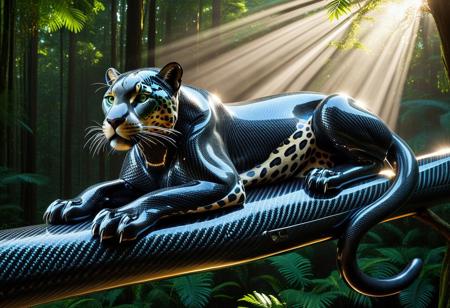 Highly detailed photographic image of a jaguar with incredibly intricate black carbon fiber "fur" resting on a large tree branch in the rainforest. The photorealistic natural forest surroundings an ironic contrast to details of the futuristic jaguar's woven carbon fiber coat against the natural photoreal tree texture; showcasing the jaguar's distinctive beauty and muscular build in the many intricate woven strands. The rainforest environment should be highly photorealistic, natural tree branch,  lush and vibrant, filled with a variety of realistic green foliage, exotic plants, and dappled sunlight filtering through the canopy above. Incorporate dramatic lighting to enhance the atmosphere, creating a sense of depth and intrigue. Include subtle elements such as mist or gentle rain to add to the mood, while ensuring the surreal carbon fiber jaguar remains the focal point of the composition. (Highly cinematic scene with natural surroundings; highly focused detail on the subject; beams of sunlight reflecting on the animal's unique carbon fiber fur; masterpiece scene; dramatic composition, 4k resolution, finely detailed texture)