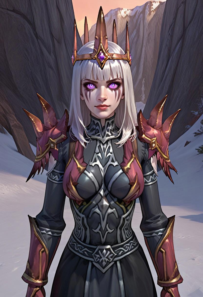 1girl. solo, upper body, frigid-necromancer, female focus, dynamic angle, white hair, blunt bangs, long hair, large breasts, shoulder armor, pointed helmet, crown, pointed shoulder pads, black dress, red gloves, gauntlets, spikes, armor, purple eyes, luminous eyes, bright eyes, glowing eyes, pale skin, face paint, looking at viewer, snowy mountain, tundra, blizzard, outdoors, Score_9, Score_8_up, Score_7