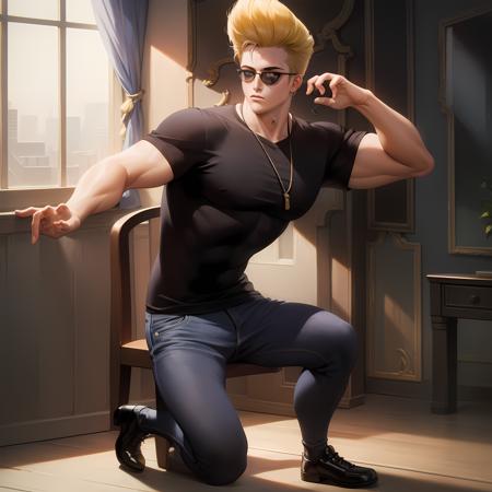 ((masterpiece, best quality)),(complex lighting), solo, full body, 1boy, johnny bravo, dark sunglasses, black shirt,  <lora:johnnyBravo1-10:0.6>, denim pants,