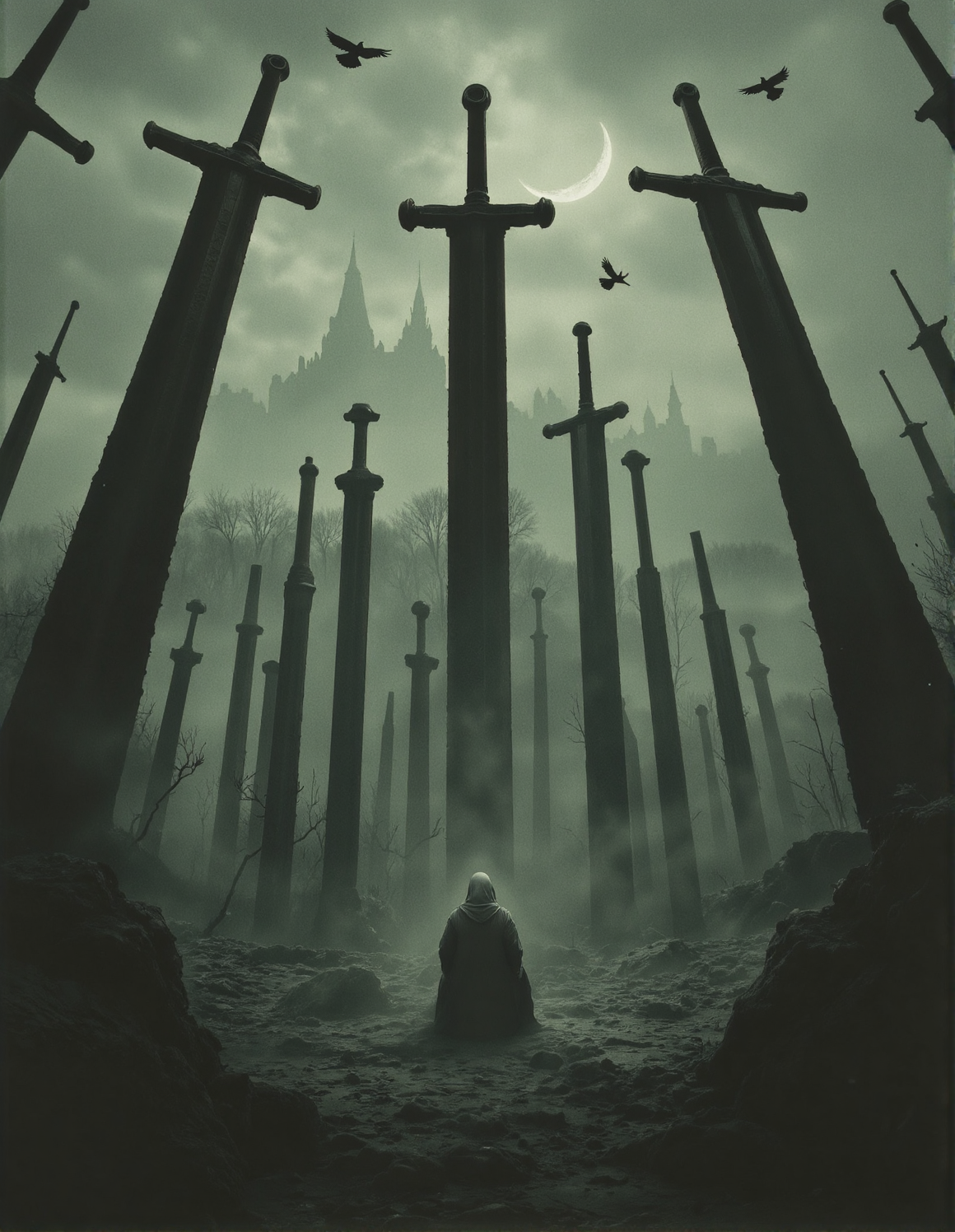 A cloaked figure is sitting on the ground, facing away from the viewer. Surrounding the figure are numerous towering swords planted vertically into the ground. There are birds flying among the swords, giving the area an almost forest-like appearance. In the background there are bare trees and a distant, gothic-style castle shrouded in fog, with a crescent moon hanging in the sky. 