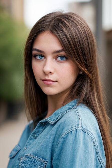 young woman, highlighting her striking blue eyes, long eyelashes, and well-defined eyebrows. The focus is sharp on her eyes with a soft bokeh background that creates a shallow depth of field. Her brunette hair frames her face, and the image has a cool color tone with a natural light setting.