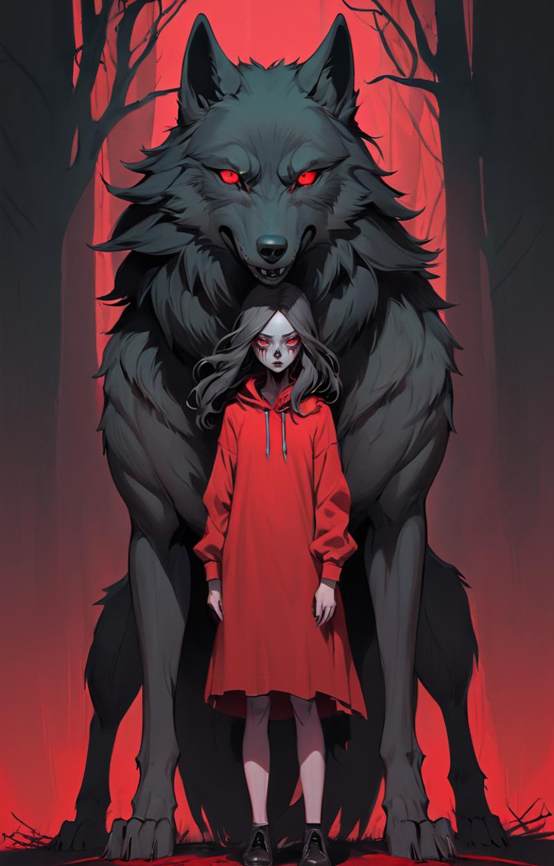 A girl standing in front of a wolf in red and black.