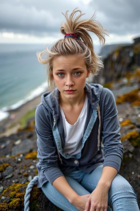 The image is a high-resolution photograph of a young woman with a fair complexion and shoulder-length, blonde hair styled in loose waves. She has striking blue eyes and a neutral expression, gazing directly at the camera. She is sitting on a rocky ledge, with the ocean visible in the background, creating a dramatic and moody atmosphere. The woman is wearing a grey hoodie with a white T-shirt underneath, which is slightly transparent, revealing the outline of her breasts. She is also wearing blue jeans, which are fitted and accentuate her slender figure. Her hoodie is unzipped, showing a teal-colored zipper pull. The texture of her hoodie appears soft and casual, suggesting a relaxed, everyday style. The background features rugged cliffs and a vast expanse of the ocean, with the sky above overcast, casting a soft, diffused light that enhances the natural tones of the landscape. The overall mood of the image is contemplative and slightly introspective, with the woman's pose and expression adding to the somber, reflective ambiance.