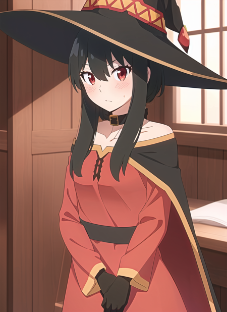 spy x family style, megumin, 1girl, bare shoulders, black cape, black gloves, black hair, blush, cape, choker, collarbone, dress, hair between eyes, hat, long sleeves, looking at viewer, medium hair, off-shoulder dress, off shoulder, red dress, red eyes, sidelocks, solo, witch hat, indoors, (masterpiece) <lora:spy_x_family_style_offset:1>