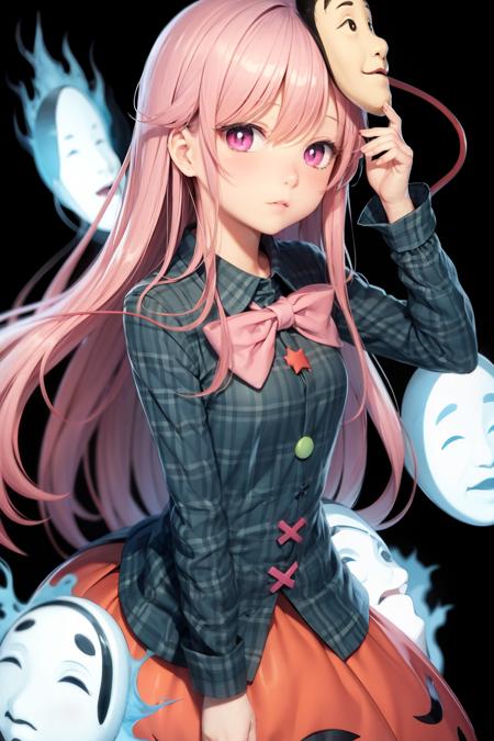 masterpiece, best quality,  <lora:HatanoKokoro:1>,1girl,hata no kokoro, long hair,pink hair,pink eyes,bow,long sleeves,plaid shirt,bubble skirt,mask,grey background,