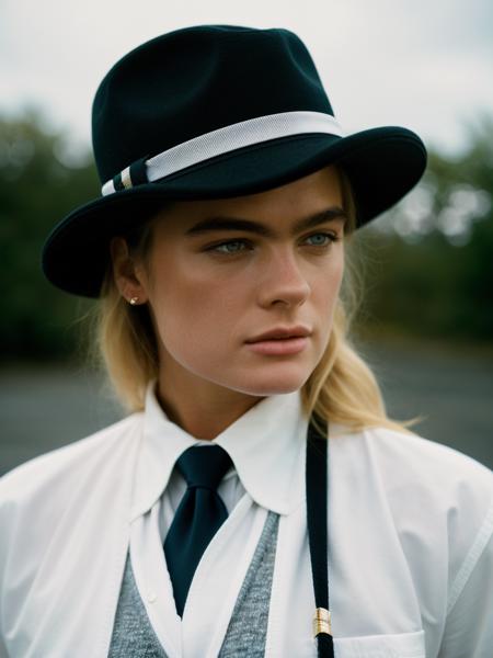 Realistic photo of a beautiful 3r1k43 woman, solo, looking at viewer, blue eyes, blonde hair, shirt, 1boy, hat, closed mouth, jacket, white shirt, upper body, male focus, necktie, collared shirt, black headwear, formal, black necktie, fedora, professional Photography, Photorealistic, detailed, RAW, analog, sharp focus, high quality, film grain<lora:3r1k43:1.0>