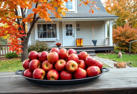 A large tray overflowing with big red apples is placed on a table in the foreground. In the background, a quaint little house features windows dressed with curtains and a generous porch. On the porch, a pair of rubber boots and a rake are casually positioned. The scene is framed by vibrant autumn trees, and a small cat can be seen playfully exploring the area. The overall vibe is cozy and inviting, perfect for a sweet and realistic photograph