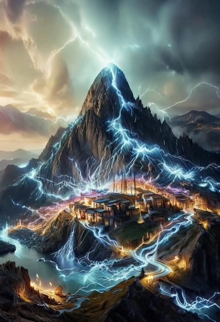 their peaks veiled in mist. mixed media, surrealism, great lighting, A surreal landscape highly detailed . extremely high-resolution details,  appears trapped in an optical illusion of reflections and refractions colorful , mountains and village in Ancient Greece , night, lightning, storm, professional photography, natural lighting, volumetric lighting maximalist. intricately detailed, complex, elegant, expansive, fantastical, film photography style,  medium grain