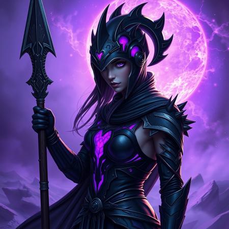 source_8_up, source_7_up, masterpiece, ultra_res, high_res, female warrior in sleek obsidian-black armor, glowing purple veins pulsing with void energy, crescent moon-shaped surreal helmet with jagged spires, dark purple glowing eyes peeking from beneath helmet, elegant spear - Voidpiercer, straight razor-sharp steel blade with polished dark shine, black ash wood shaft reinforced with steel rings, runes etched near the blade, wrapped in dark leather for a firm grip, poised combat stance, fractured ground with void mist swirling around her, cosmic purple energy in the background, surreal glowing aura
