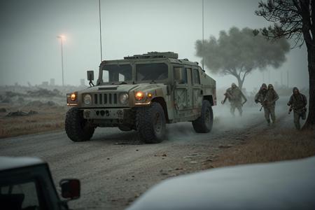 analog gloomy photo of a desert camo HUMVEE car,  <lora:humv33:0.8>, ((zombie apocalypse)), ((surrounded by zombies)), (living dead), ((winter)), ((snow)), (horror movie), (nighttime), at a decayed city, dilapidated buildings, green flares, (green fumes), High Detail, Sharp focus, (photorealism), realistic, best quality, 8k, award winning, dramatic lighting, epic, cinematic, masterpiece, rim light, ambient fog:1.2,