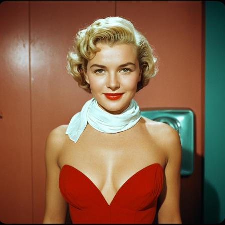 UHD, 4k, ultra detailed, cinematic, a photograph of  <lora:kodachrome xl v1:0.9>
In 1950's a cinematic Kodachrome Technicolor motion picture of a woman in a red dress and a white scarf, perfect image, perfect body, perfect anatomy, sharp image, detailed image, Kodak film style, high quality photography, Kodachrome style, Technicolor style, 1950's style, Technicolor Monopack style, 16mm, 8mm, Super 8 movie, 35mm movie style, film color style, cinematic photography style, analog photography style, cinematic film color style, deep color style, different character, different background, different picture, Eastman Kodak style, K-14 process style, Color slide style, film skin tone style, different color, solo, looking at viewer, short hair, blonde hair, upper body, lips, makeup, lipstick, curly hair, red lips, photorealistic, smile, dress, closed mouth, red dress, Kodachrome color style, portrait, epic, beautiful lighting, inpsiring