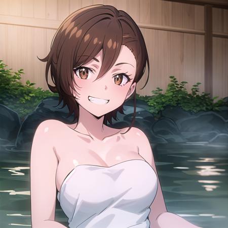 best quality, (masterpiece:1.2), highly detailed, onsen,
1girl, <lora:chara_GATEJietai_KuribayashiShino_v1:0.8>, kuribayashi shino, 
laying, grin, looking at viewer, 
brown eyes, brown hair, short hair, naked towel,