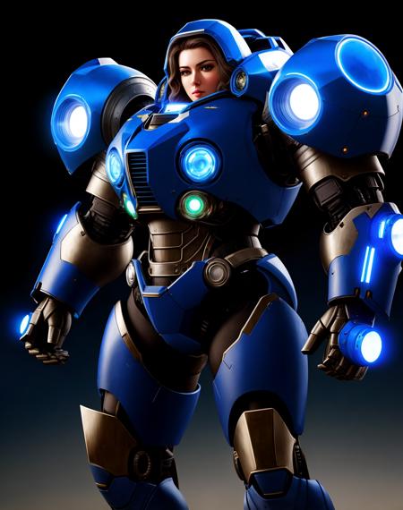 4K, Masterpiece, highres, absurdres,photorealistic,Parrley_armor, a woman in a blue suit of armor ,wearing Parrley_armor, big bulky futuristic armor,glowing lights, minigun,<lora:Parrley:0.7>