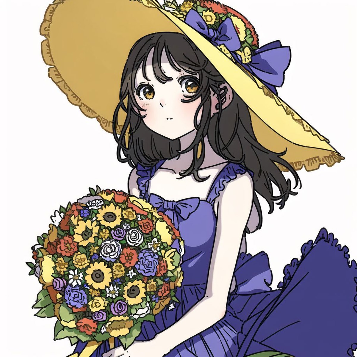 <lora:fuuka_kobayashi:1.0>, (fuuka_kobayashi:1.0), drawing, 

1girl, bare arms, blue ribbon, bouquet, bow, collarbone, dre...