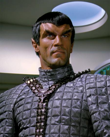 romulan, male, arnold schwarzenegger, pointy ears, medium olive skin, perfecteyes eyes, dark blue eyes, v-shaped brow ridge on forehead, short bob hair with straight bangs, wearing romulan uniform, wearing belted harness, silver clothing, standing in a office, raw photograph, wide shot, <lora:romulan_lora:0.8>,  <lora:locon_perfecteyes_v1_from_v1_64_32:0.2>