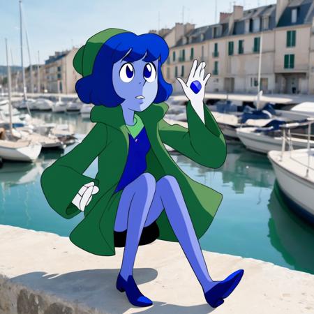 a lapis lazuli sitting in france, skipping in the marina. She has a hand gem and is wearing a green coat
<lora:sugems-000072:0.77>