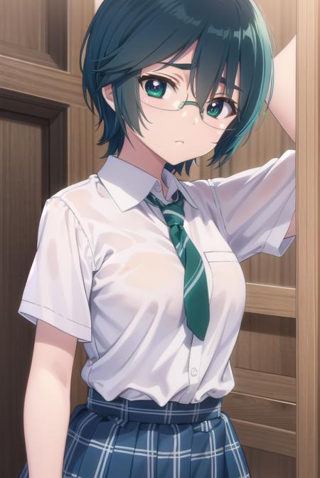 miharumikuni, <lora:miharu mikuni ova-lora-nochekaiser:1>,
miharu mikuni, short hair, (green eyes:1.5), glasses, blue hair,
BREAK skirt, shirt, school uniform, white shirt, socks, plaid, kneehighs, plaid skirt,
BREAK indoors, classroom,
BREAK looking at viewer, (cowboy shot:1.5),
BREAK <lyco:GoodHands-beta2:1>, (masterpiece:1.2), best quality, high resolution, unity 8k wallpaper, (illustration:0.8), (beautiful detailed eyes:1.6), extremely detailed face, perfect lighting, extremely detailed CG, (perfect hands, perfect anatomy),