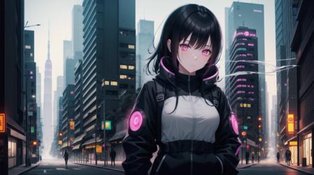 best quality, black hair, gradation, girl, cyberpunk, city, ray traching,  depth of filed, street, smoke, dust, glow effect, best Detailed texture,