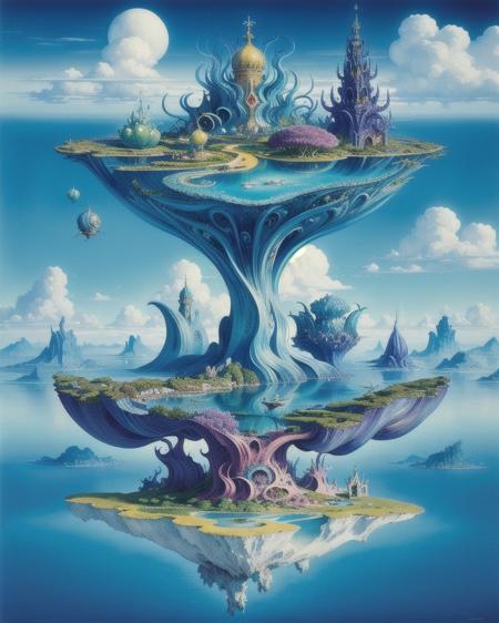 An enchanting dreamscape where reality and imagination intertwine, featuring floating islands, vibrant colours, and fantastical creatures, rendered in a whimsical and imaginative style, by Salvador Dali.