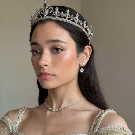 Portrait photo of an actress dressed as a medieval queen with a delicate tiara on her head, Nikon Z9, realistic matte skin, skin texture visible, (sharp focus), (high quality)