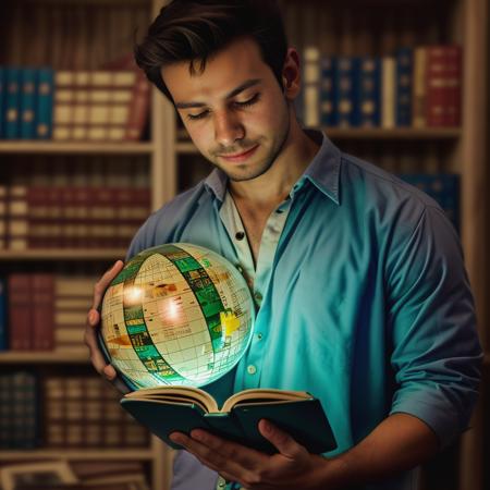 1boy, <lora:Mariano Gomes:1>, holding a book and in the other hand a magical, glowing sphere