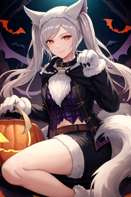 (masterpiece, best quality:1.2), fvrobin fe, smile, scenery, white hair, gloves, 1girl, closed mouth, tail, shorts, belt, hood, collar, fur trim, fake animal ears, wolf tail, halloween, animal hands, paw gloves, dark aura