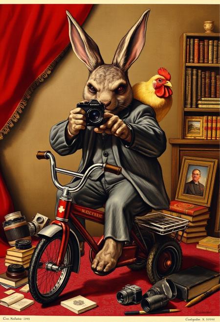 Soviet poster, soviet style. an anthropomorphic evil rabbit in a ragged suit sat on a children's tricycle, pointing a vintage Hasselblad camera at the viewer. On his shoulder is a chicken. The rabbit's head is disproportionately big for the body. The rabbit's fur is matted and rough. Its eyes are scary. The rabbit, chicken and the camera are all pointing forward to the viewer. On the floor are vintage cameras, books, picture frames and paintbrushes.