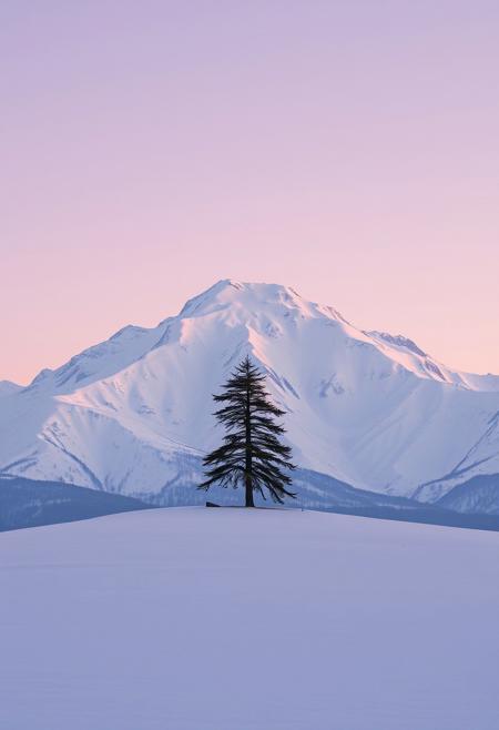 a snow covered mountain with a lone tree in the foreground, keisuke goto, gradient light purple, leading to a beautiful, sparse, carpathian mountains, awarded winning photo, beautiful avatar pictures, pink hues, gentle shadowing, in a desolate, images, <lora:Landscapes_II:0.8>aaa
